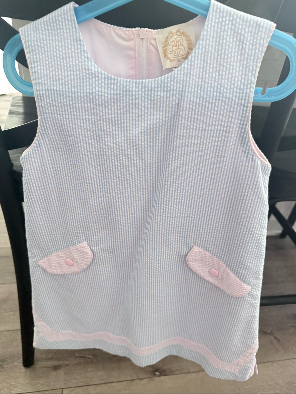 Light Blue Seersucker Girl's Dress with Pink Trim
